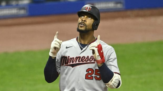 Jun 28, 2022; Cleveland, Ohio, USA; Minnesota Twins center fielder Byron Buxton (25) celebrates his solo home run in the ninth inning against the Cleveland Guardians at Progressive Field. Mandatory Credit: David Richard-USA TODAY Sports
